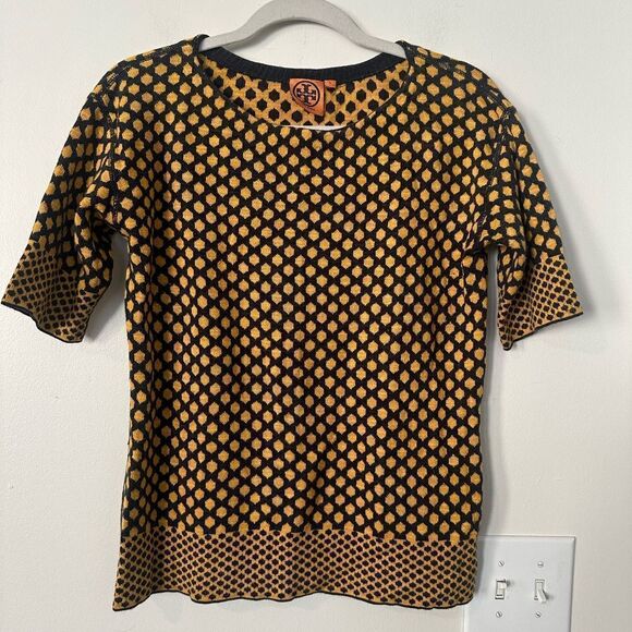 Tory Burch - Yellow & Navy Printed Short Sleeve Knit Sweater S - Picture 2 of 7